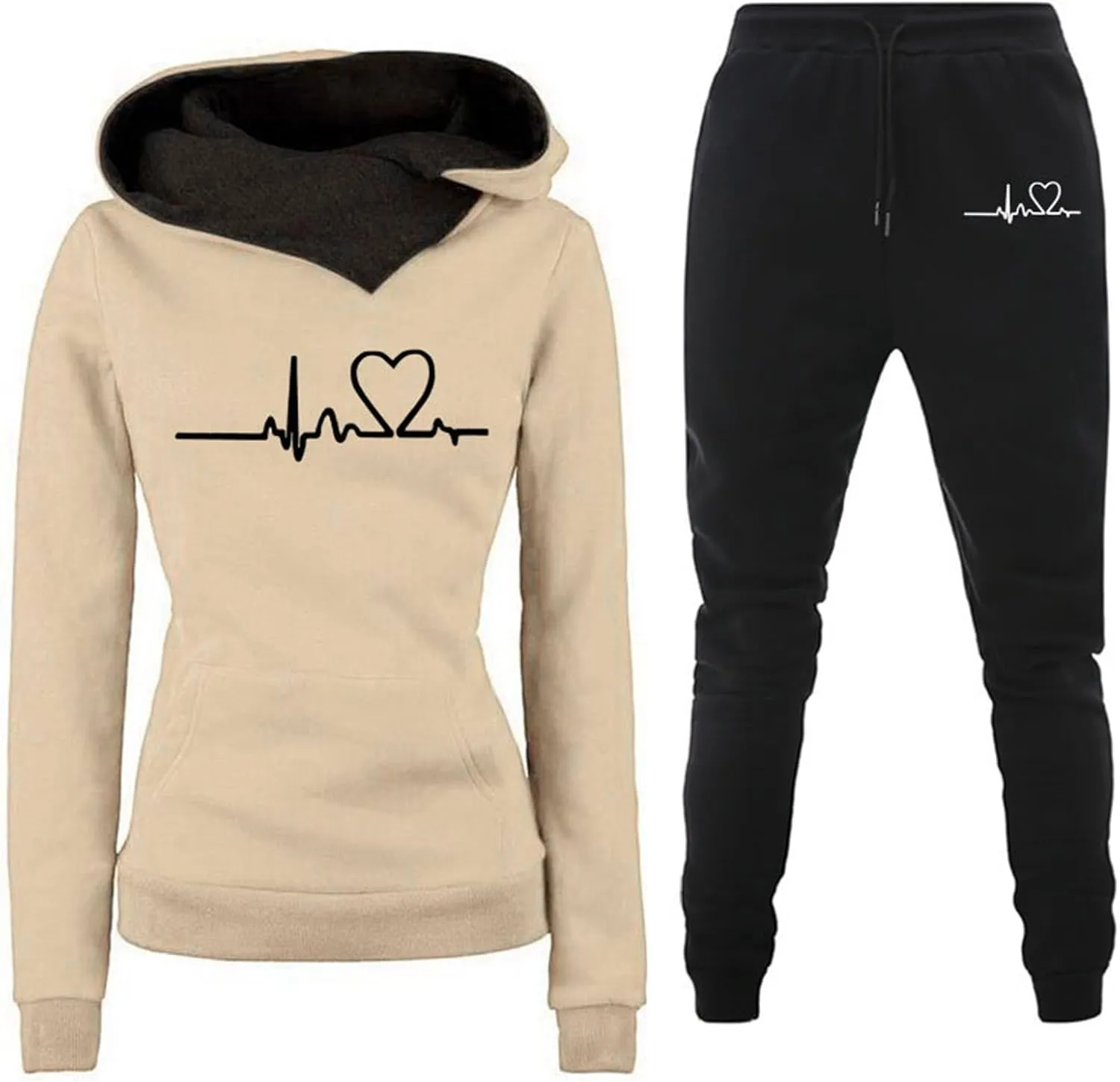 Lastesso Womens Jogger Sets 2 Piece Outfits Fashion Heart Print High Neck Warm Track Suits Comfy Ladies Loungewear Sets