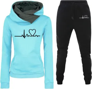 Lastesso Womens Jogger Sets 2 Piece Outfits Fashion Heart Print High Neck Warm Track Suits Comfy Ladies Loungewear Sets