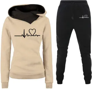 Lastesso Womens Jogger Sets 2 Piece Outfits Fashion Heart Print High Neck Warm Track Suits Comfy Ladies Loungewear Sets