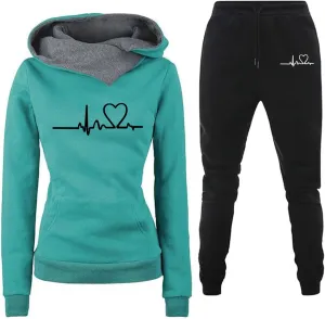 Lastesso Womens Jogger Sets 2 Piece Outfits Fashion Heart Print High Neck Warm Track Suits Comfy Ladies Loungewear Sets
