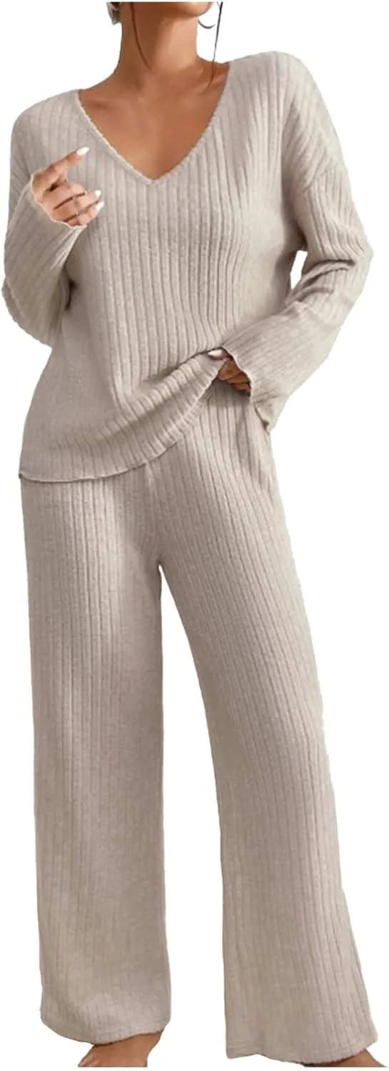 Lastesso Womens Soft Loungewear Set Casual Size V Neck Sweatshirt Comfy Yoga Pajama Sets Wid Leg Pants Cozy 2 Piece Set