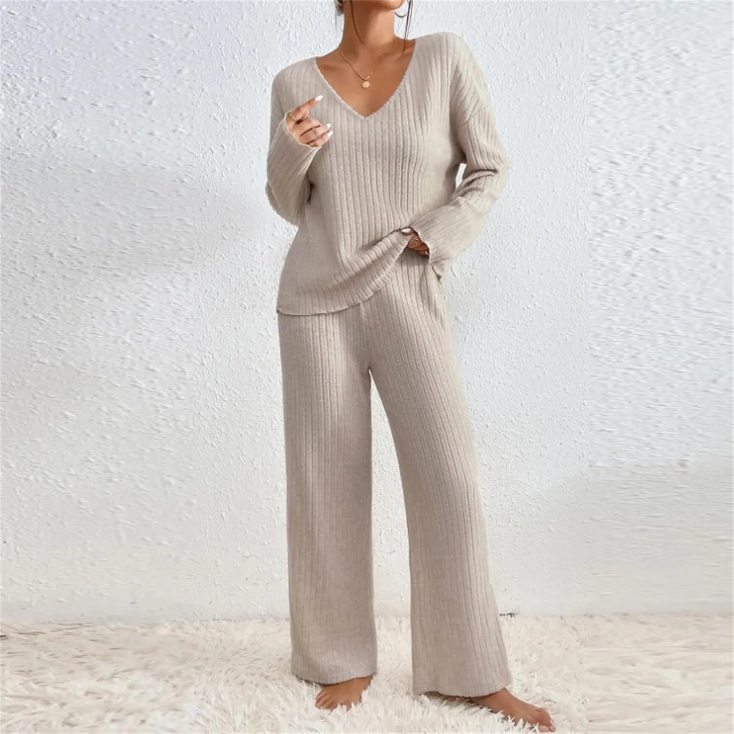 Lastesso Womens Soft Loungewear Set Casual Size V Neck Sweatshirt Comfy Yoga Pajama Sets Wid Leg Pants Cozy 2 Piece Set
