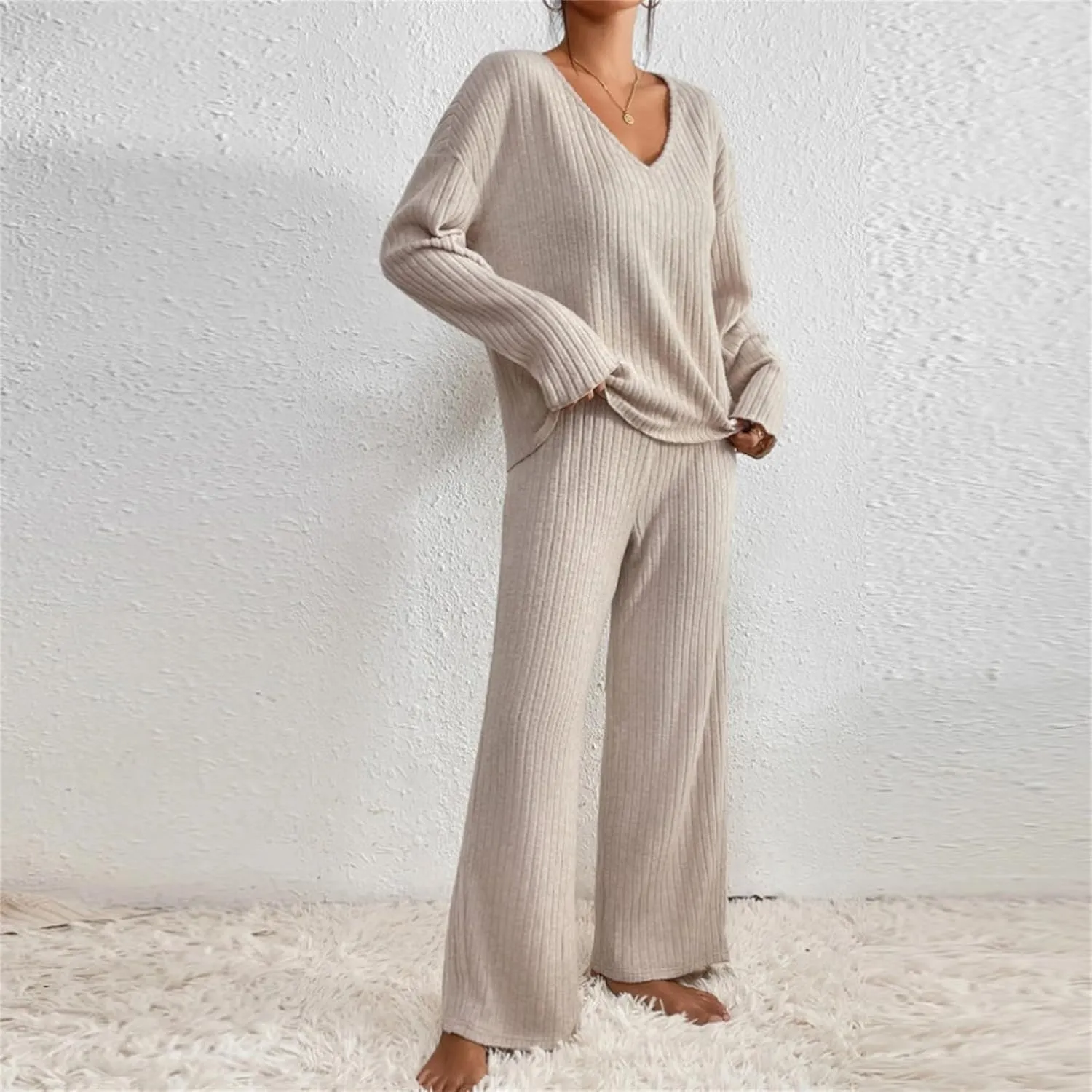 Lastesso Womens Soft Loungewear Set Casual Size V Neck Sweatshirt Comfy Yoga Pajama Sets Wid Leg Pants Cozy 2 Piece Set