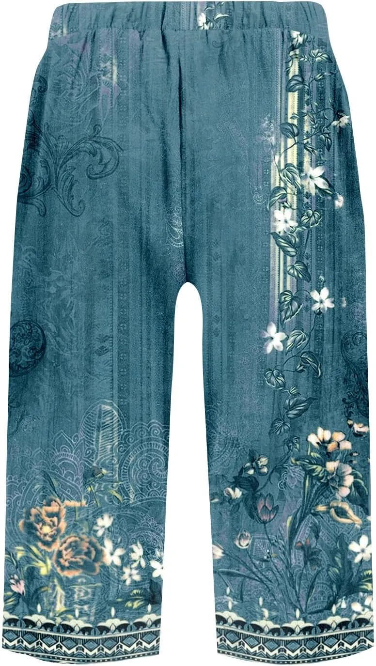 lcyhony Bermuda Shorts for Women Knee Length Plus Size Comfy Linen Shorts Casual Summer Boho Print Beach Short with Pockets