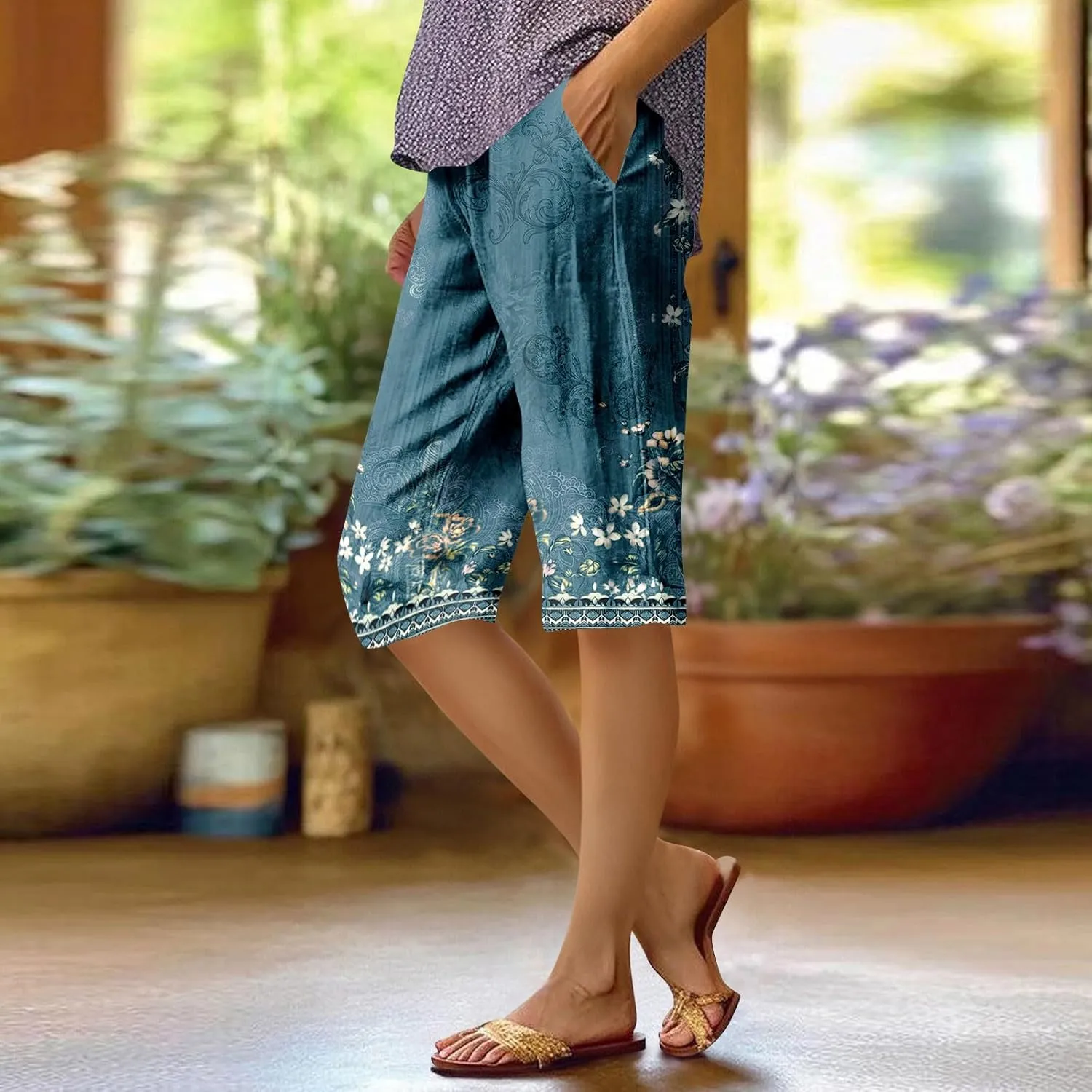 lcyhony Bermuda Shorts for Women Knee Length Plus Size Comfy Linen Shorts Casual Summer Boho Print Beach Short with Pockets