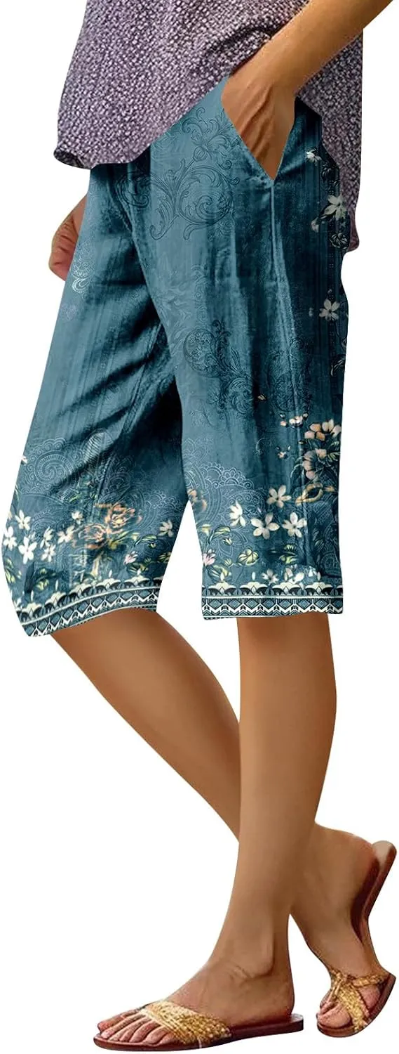 lcyhony Bermuda Shorts for Women Knee Length Plus Size Comfy Linen Shorts Casual Summer Boho Print Beach Short with Pockets