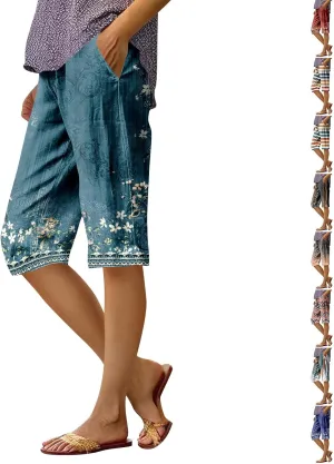 lcyhony Bermuda Shorts for Women Knee Length Plus Size Comfy Linen Shorts Casual Summer Boho Print Beach Short with Pockets