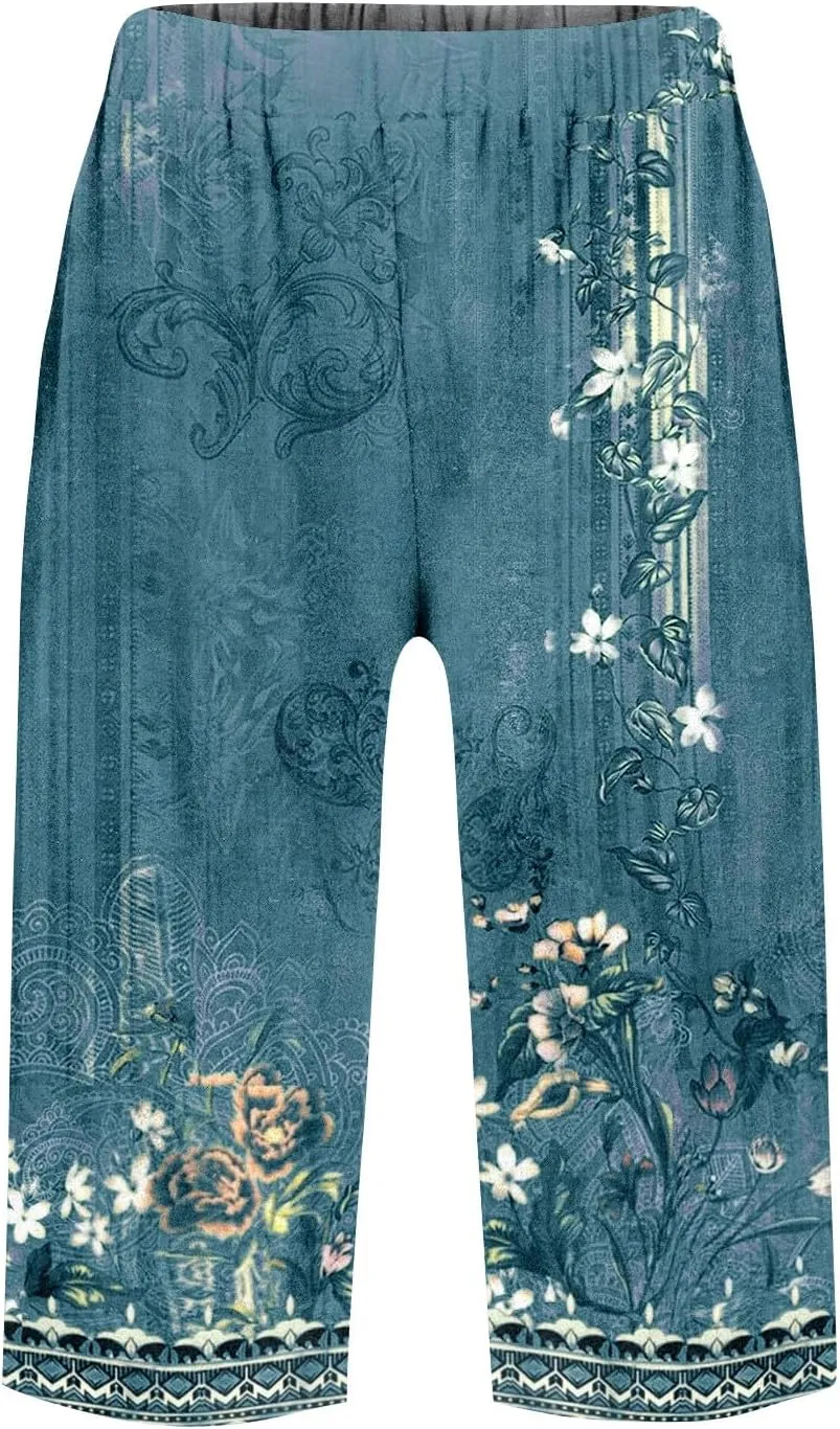lcyhony Bermuda Shorts for Women Knee Length Plus Size Comfy Linen Shorts Casual Summer Boho Print Beach Short with Pockets