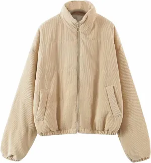 lcziwo Womens Corduroy Cropped Puffer Jacket Full Zip Oversized Collared Thicken Quilted Jackets Winter Warm down Coat