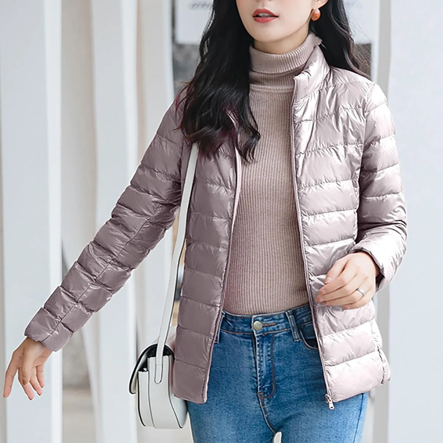 lcziwo Women's Short down Jacket Lightweight Puffer Jacket Long Sleeve Stand Collar Zip up Slim Warm Quilted Winter Coat