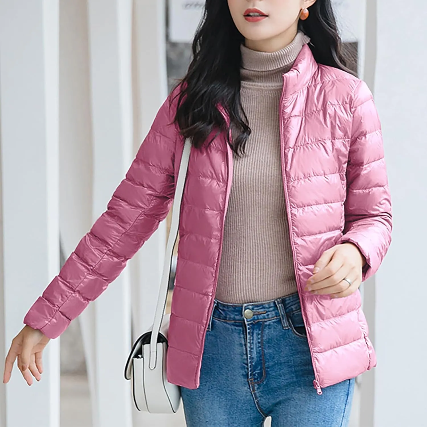 lcziwo Women's Short down Jacket Lightweight Puffer Jacket Long Sleeve Stand Collar Zip up Slim Warm Quilted Winter Coat