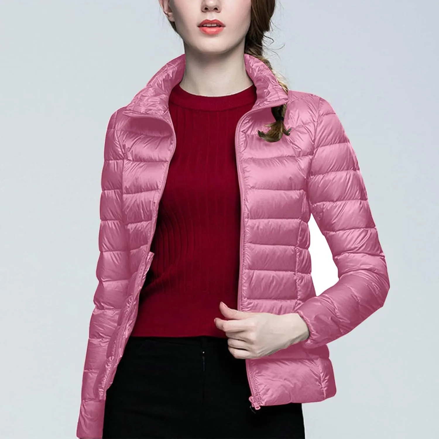 lcziwo Women's Short down Jacket Lightweight Puffer Jacket Long Sleeve Stand Collar Zip up Slim Warm Quilted Winter Coat