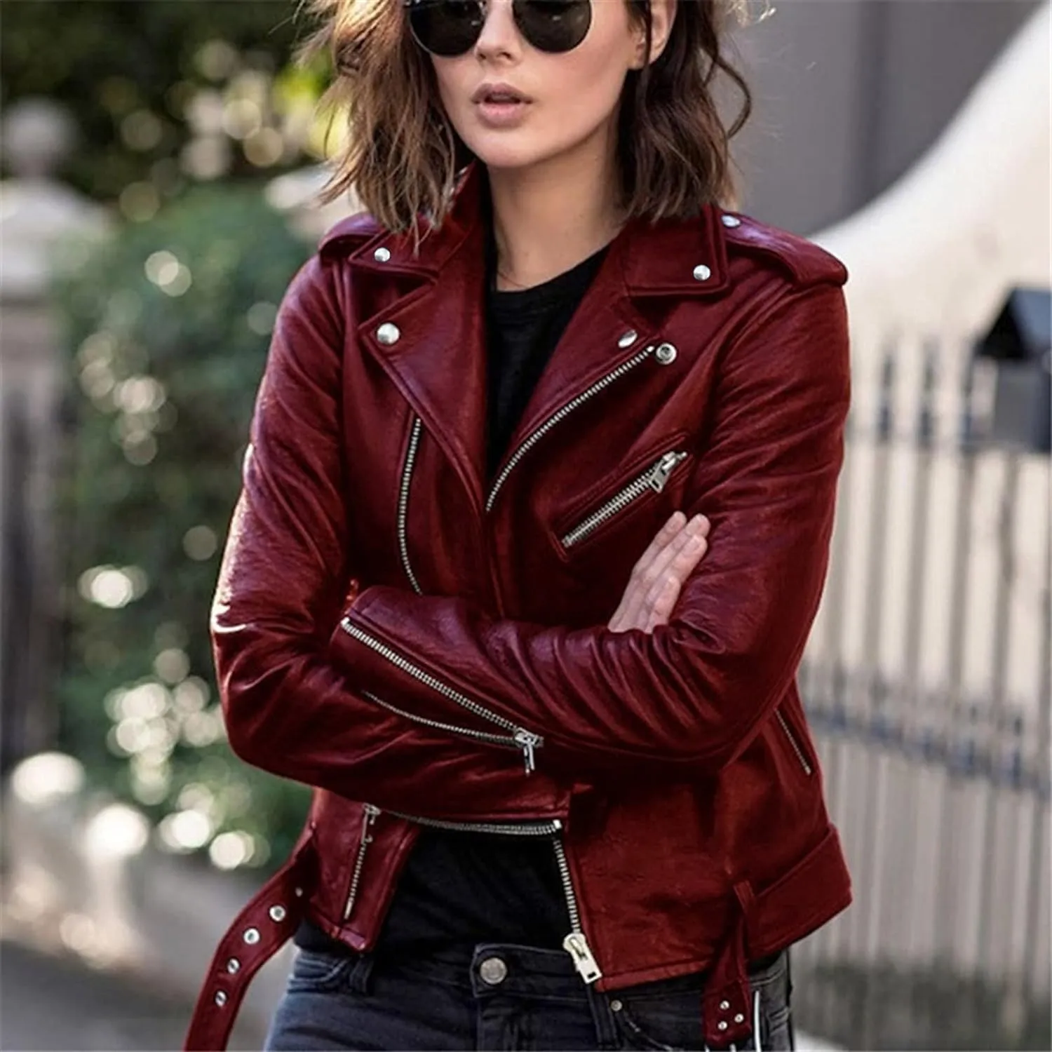 Leather Jacket Women Faux Suede Leather Jacket Zip Up Motorcycle Jacket Open Front Coat Cropped Jacket Vintage Coat