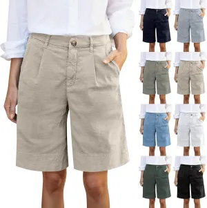 Linen Bermuda Shorts for Women Button High Waisted Wide Leg Dress Shorts Lightweight Beach Lounge Pants with Pockets