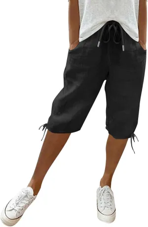 Linen Bermuda Shorts for Women Knee Length Elastic Waist Casual Shorts Loose Fit Comfy Linen Beach Pants with Pockets