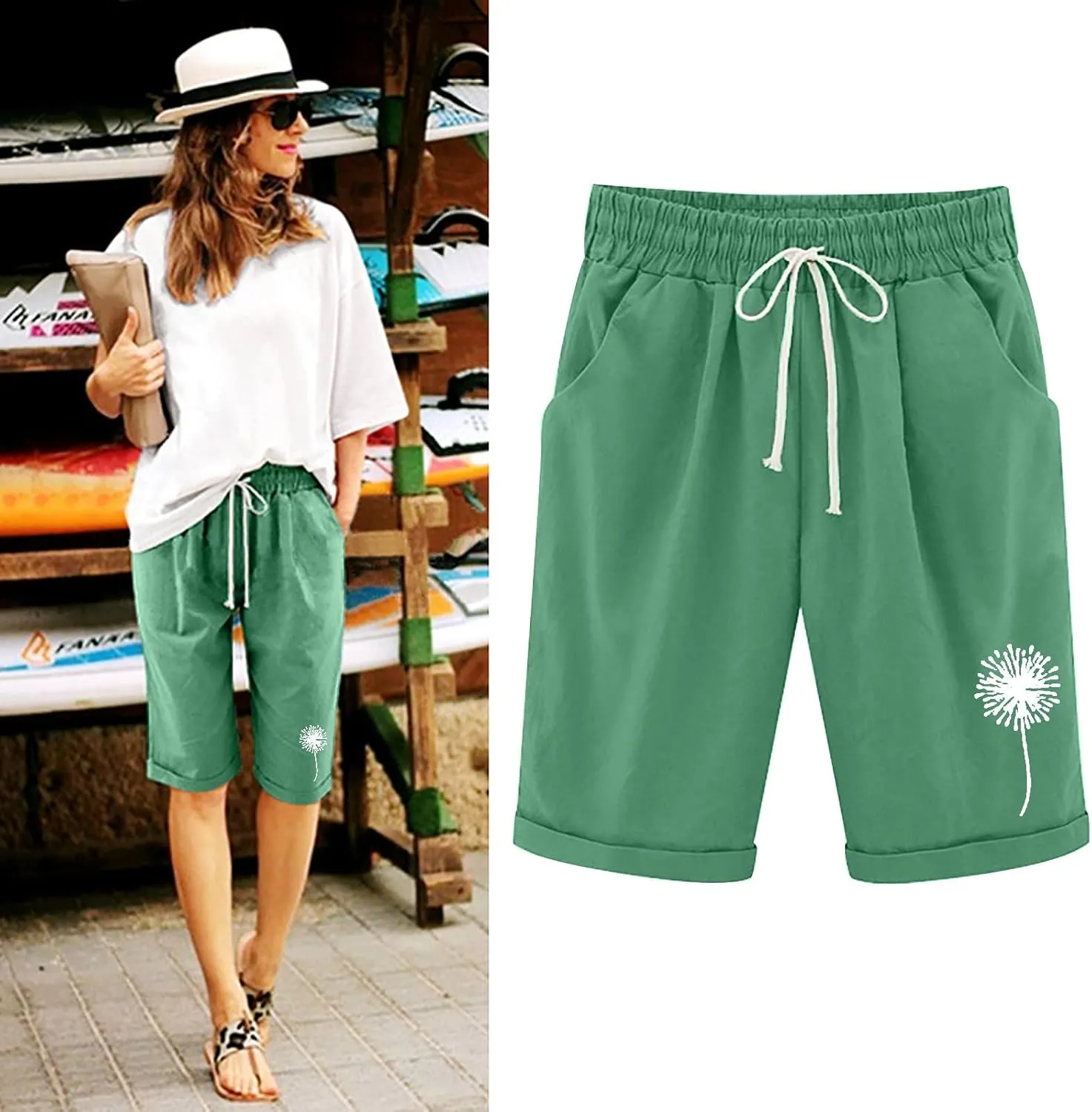Linen Bermuda Shorts for Women Summer Dandelion Graphic Drawstring High Waisted Knee Length Shorts Casual Roll Up Hem Outfits