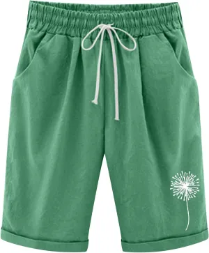 Linen Bermuda Shorts for Women Summer Dandelion Graphic Drawstring High Waisted Knee Length Shorts Casual Roll Up Hem Outfits