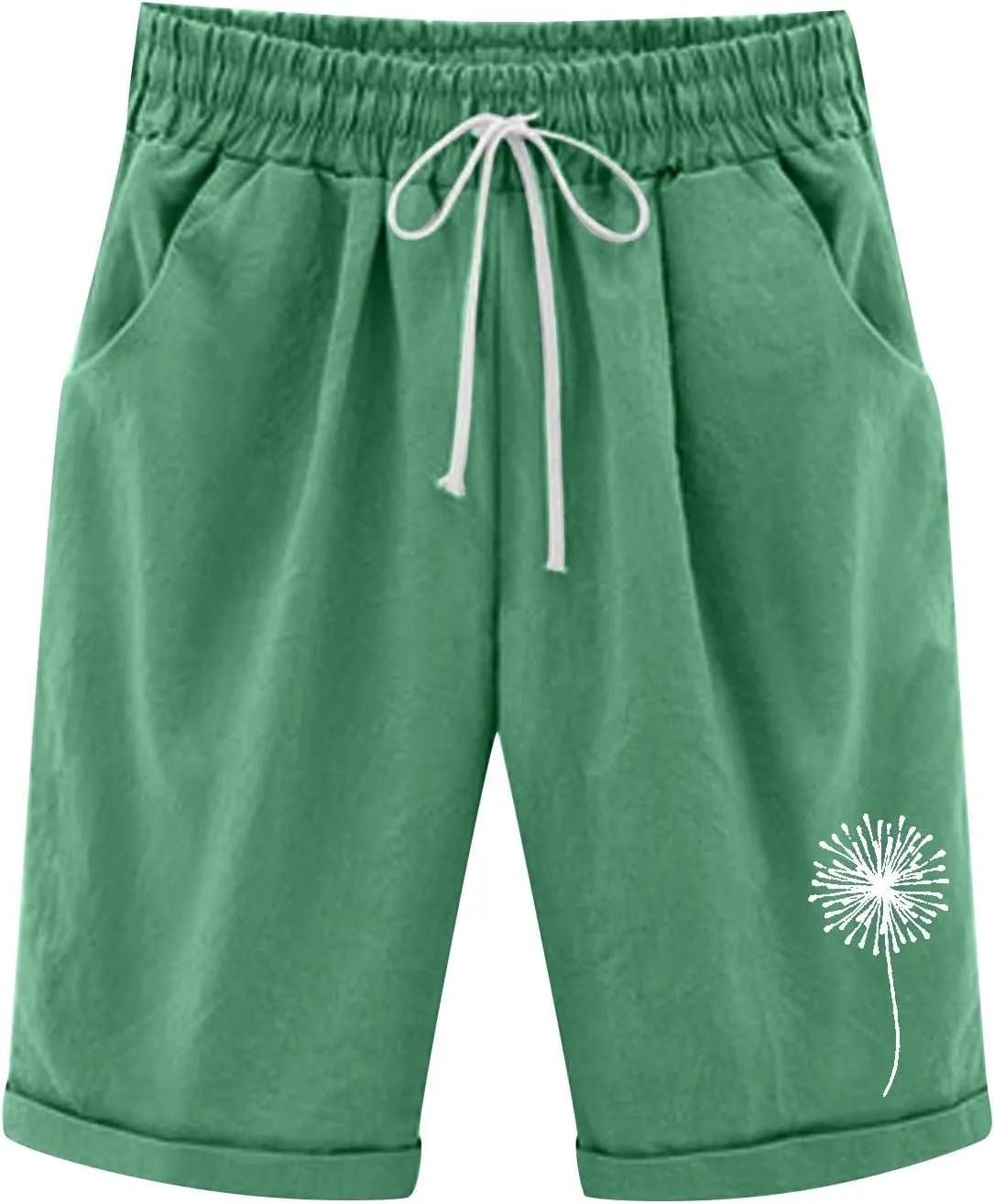 Linen Bermuda Shorts for Women Summer Dandelion Graphic Drawstring High Waisted Knee Length Shorts Casual Roll Up Hem Outfits