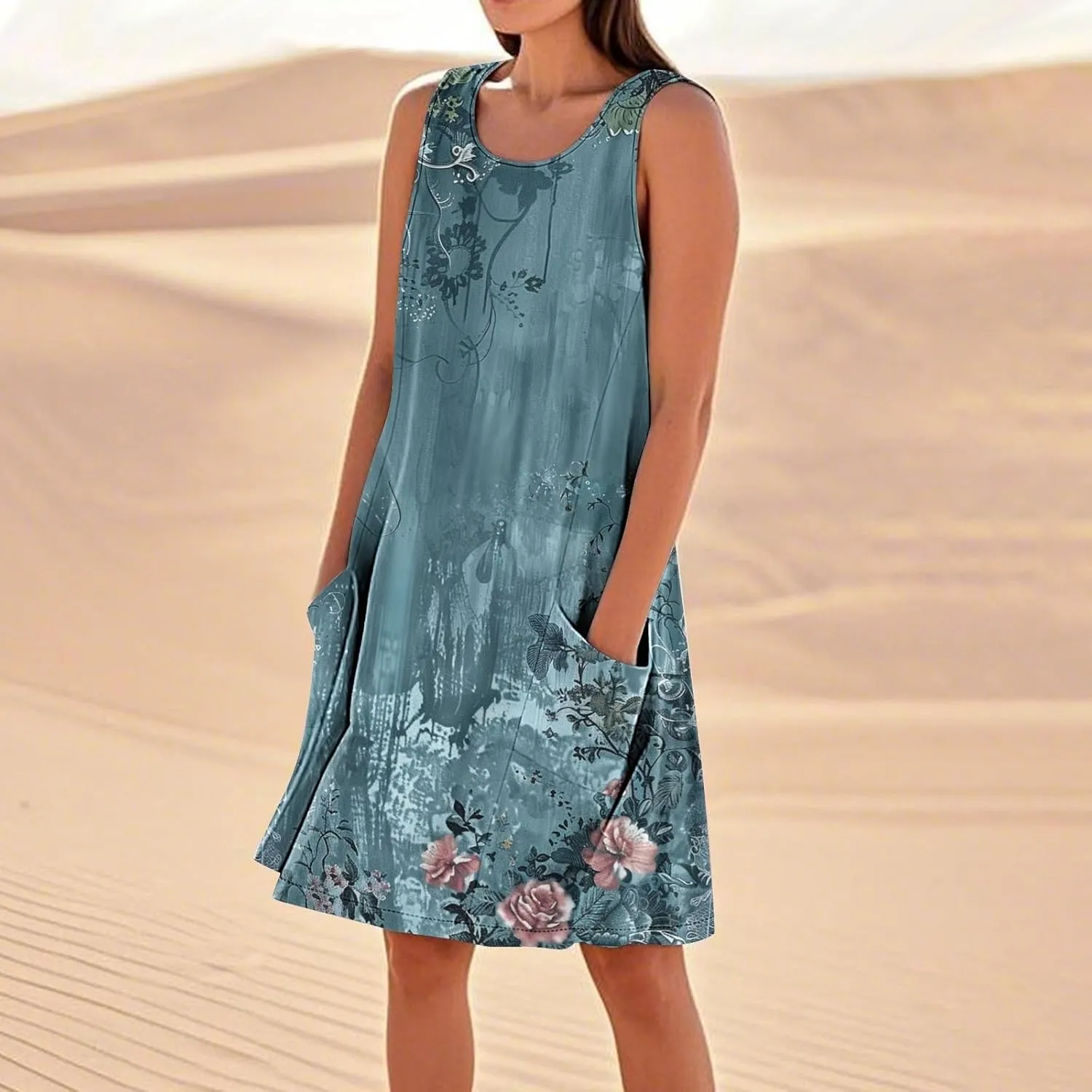 Linen Dresses for Women 2025 Sleeveless Crewneck Floral Print Tank Dress Casual Loose Sundress