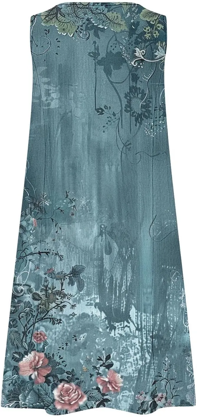 Linen Dresses for Women 2025 Sleeveless Crewneck Floral Print Tank Dress Casual Loose Sundress
