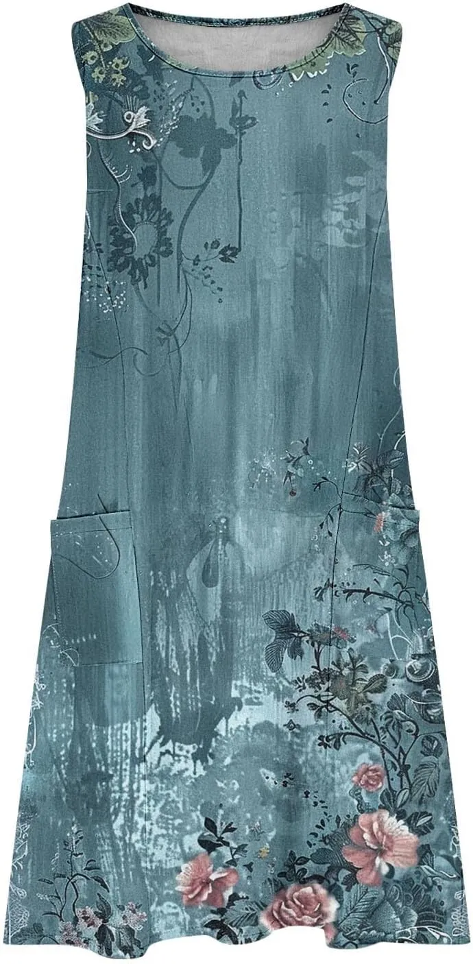 Linen Dresses for Women 2025 Sleeveless Crewneck Floral Print Tank Dress Casual Loose Sundress