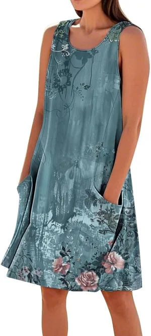 Linen Dresses for Women 2025 Sleeveless Crewneck Floral Print Tank Dress Casual Loose Sundress