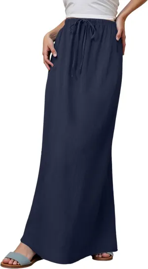 Linen Maxi Skirt for Women Elastic High Waist Flowy Boho Long Skirts 2025 Trendy Summer Vacation Beach A-Line Skirt