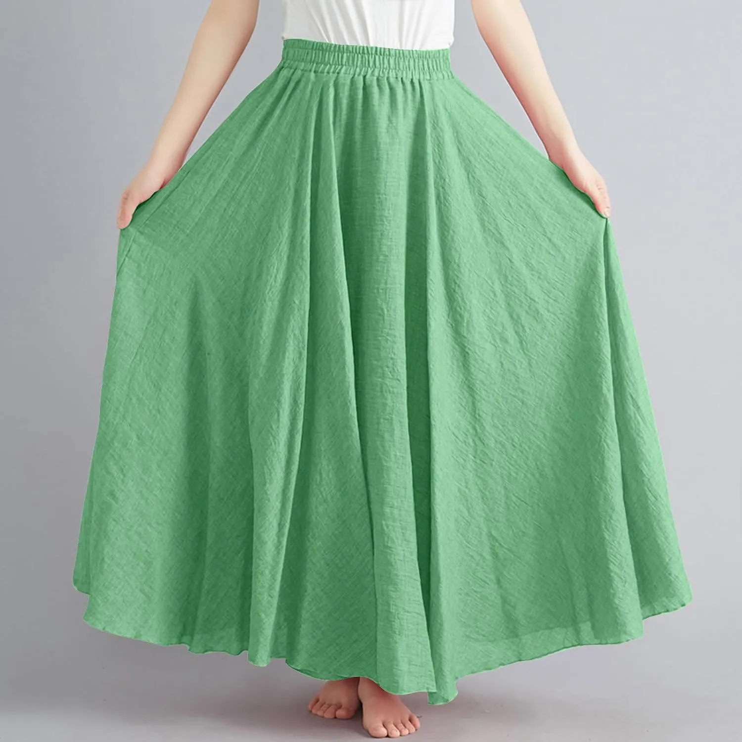 Linen Maxi Skirt for Women Summer Solid Elastic High Waist Pleated Boho Skirts Casual Bohemian Beach A-Line Skort