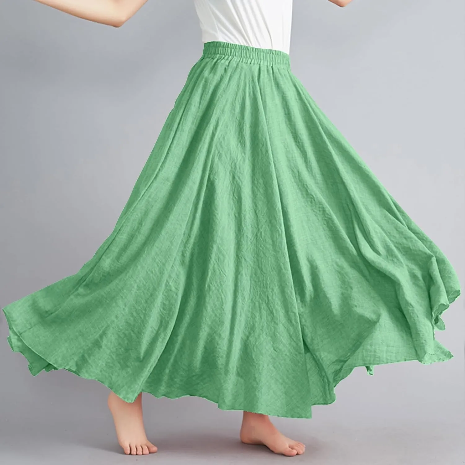 Linen Maxi Skirt for Women Summer Solid Elastic High Waist Pleated Boho Skirts Casual Bohemian Beach A-Line Skort