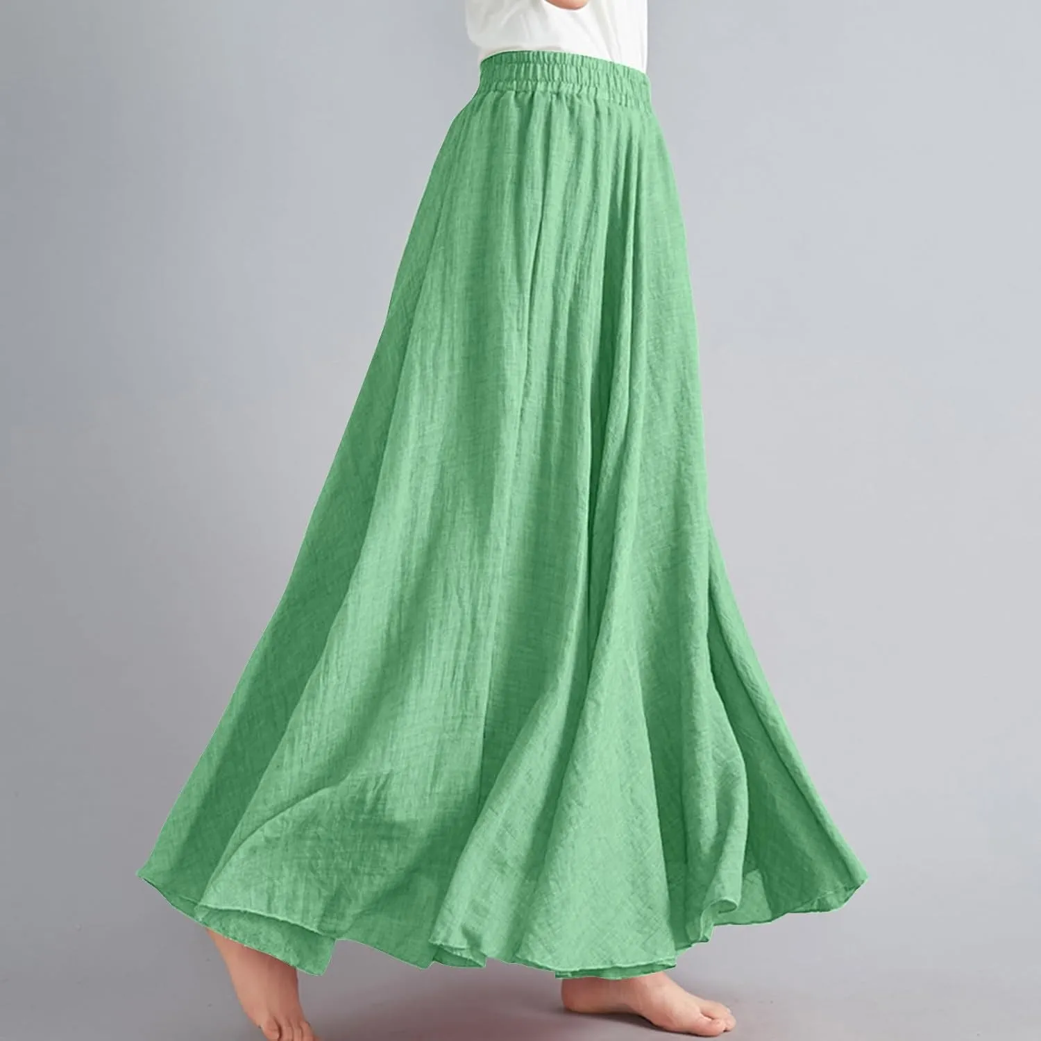 Linen Maxi Skirt for Women Summer Solid Elastic High Waist Pleated Boho Skirts Casual Bohemian Beach A-Line Skort