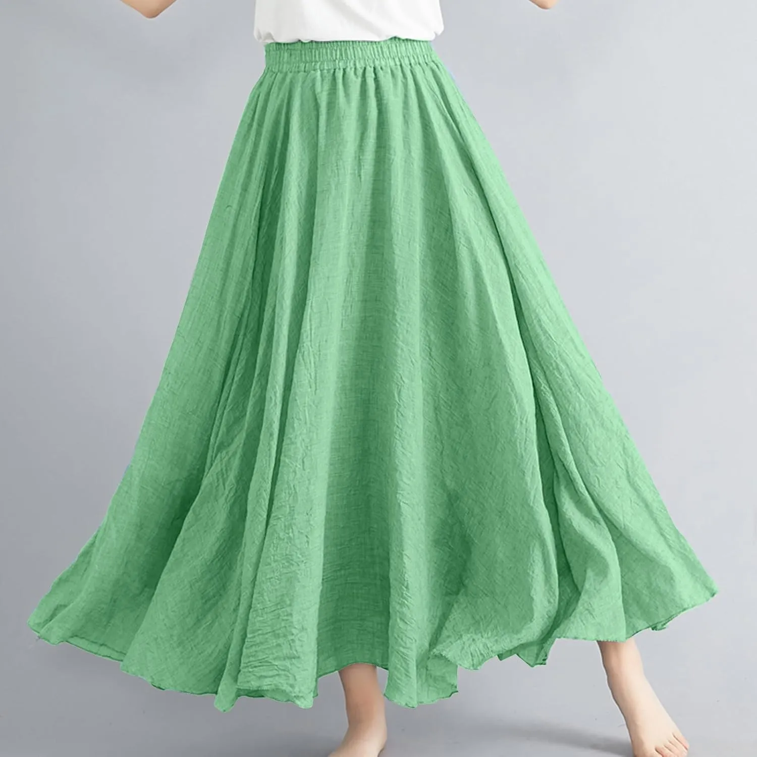 Linen Maxi Skirt for Women Summer Solid Elastic High Waist Pleated Boho Skirts Casual Bohemian Beach A-Line Skort
