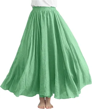 Linen Maxi Skirt for Women Summer Solid Elastic High Waist Pleated Boho Skirts Casual Bohemian Beach A-Line Skort