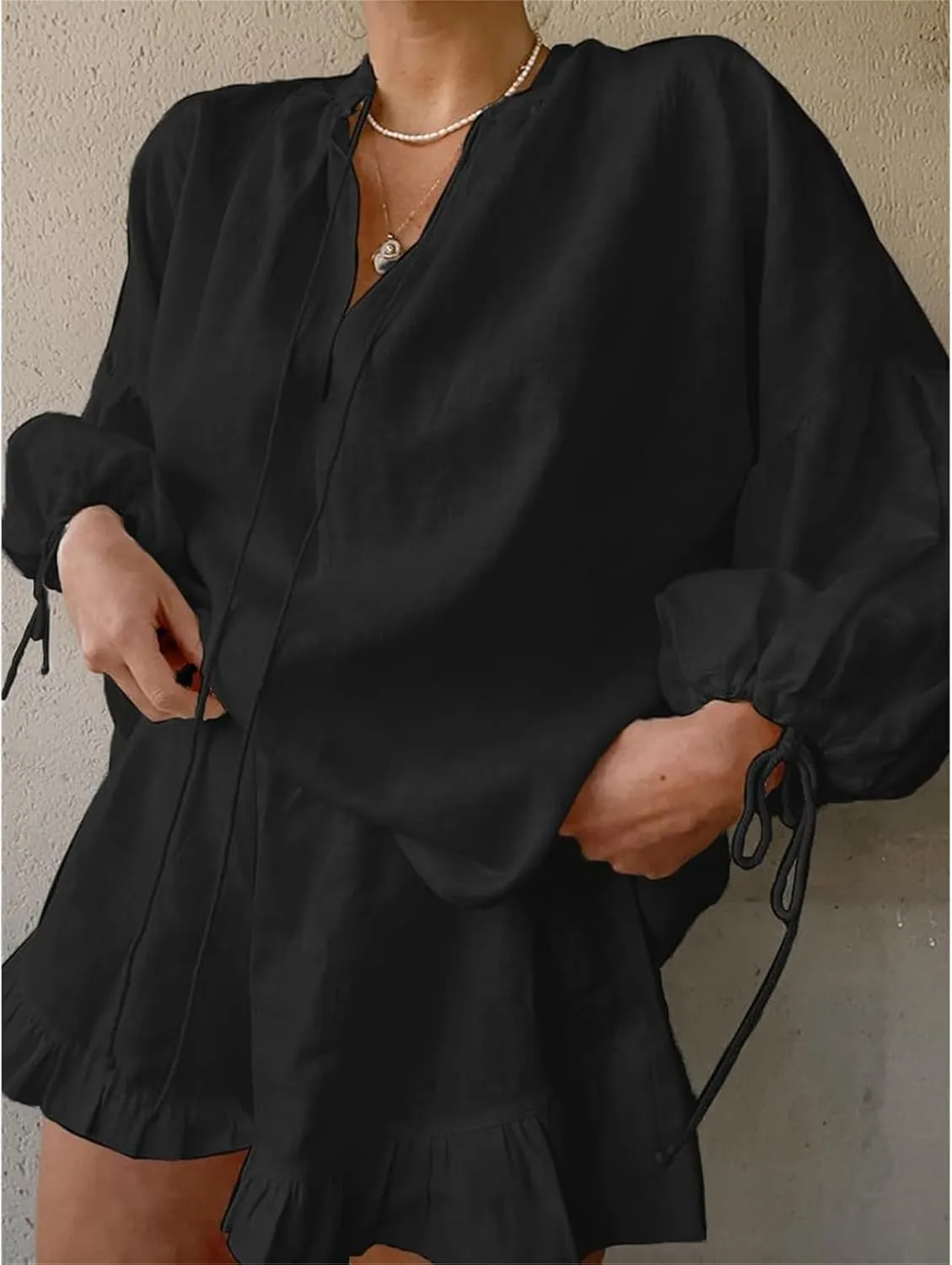 Linen Short Sets for Women Puff Long Sleeve V Neck Front Tie Shirt and Ruffle Boxer Shorts 2 Piece Lounge Sets
