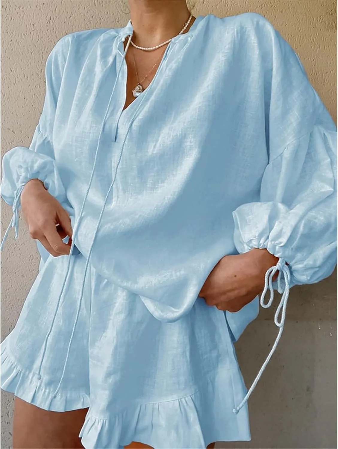 Linen Short Sets for Women Puff Long Sleeve V Neck Front Tie Shirt and Ruffle Boxer Shorts 2 Piece Lounge Sets