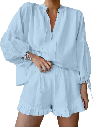 Linen Short Sets for Women Puff Long Sleeve V Neck Front Tie Shirt and Ruffle Boxer Shorts 2 Piece Lounge Sets