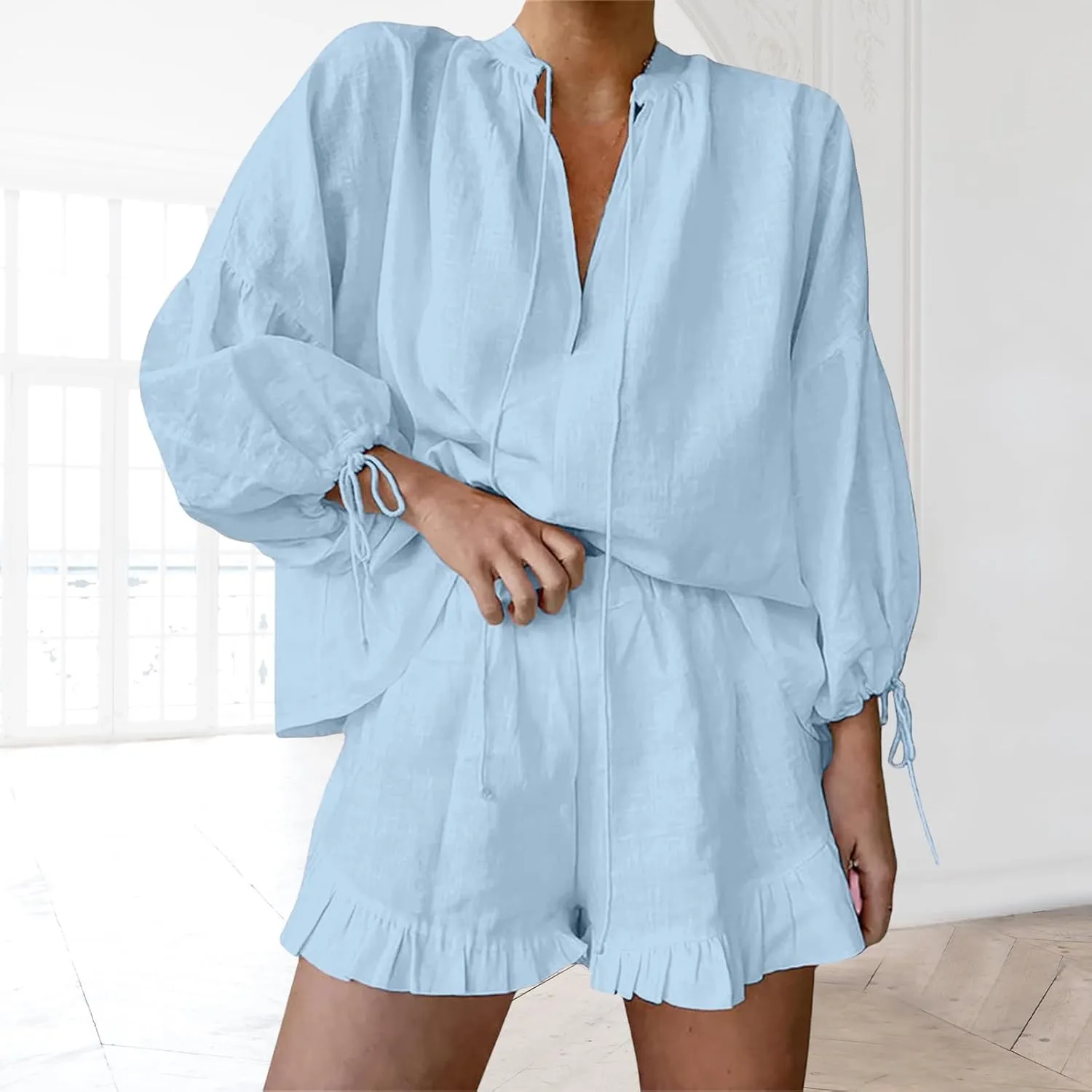 Linen Short Sets for Women Puff Long Sleeve V Neck Front Tie Shirt and Ruffle Boxer Shorts 2 Piece Lounge Sets