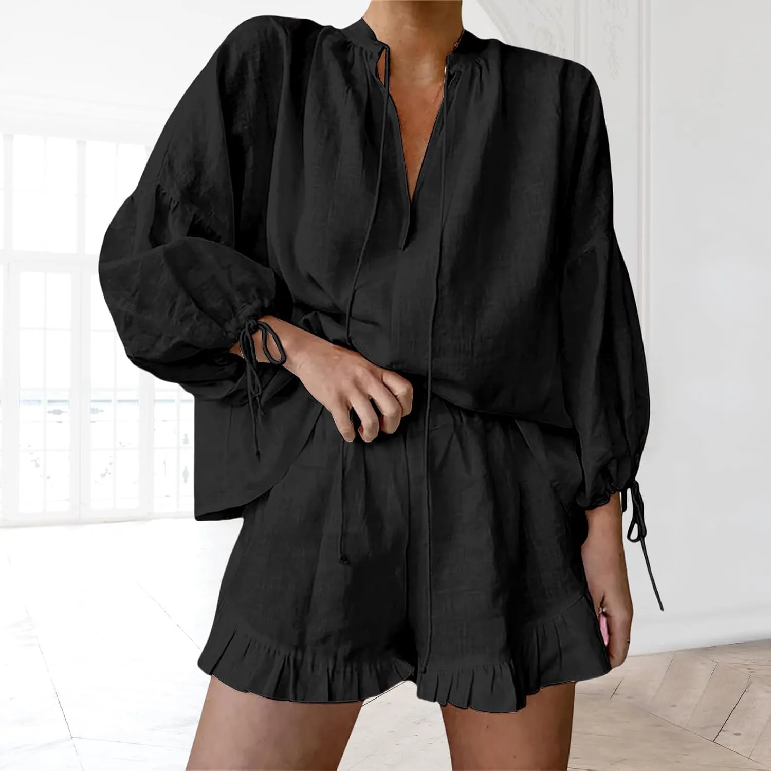 Linen Short Sets for Women Puff Long Sleeve V Neck Front Tie Shirt and Ruffle Boxer Shorts 2 Piece Lounge Sets