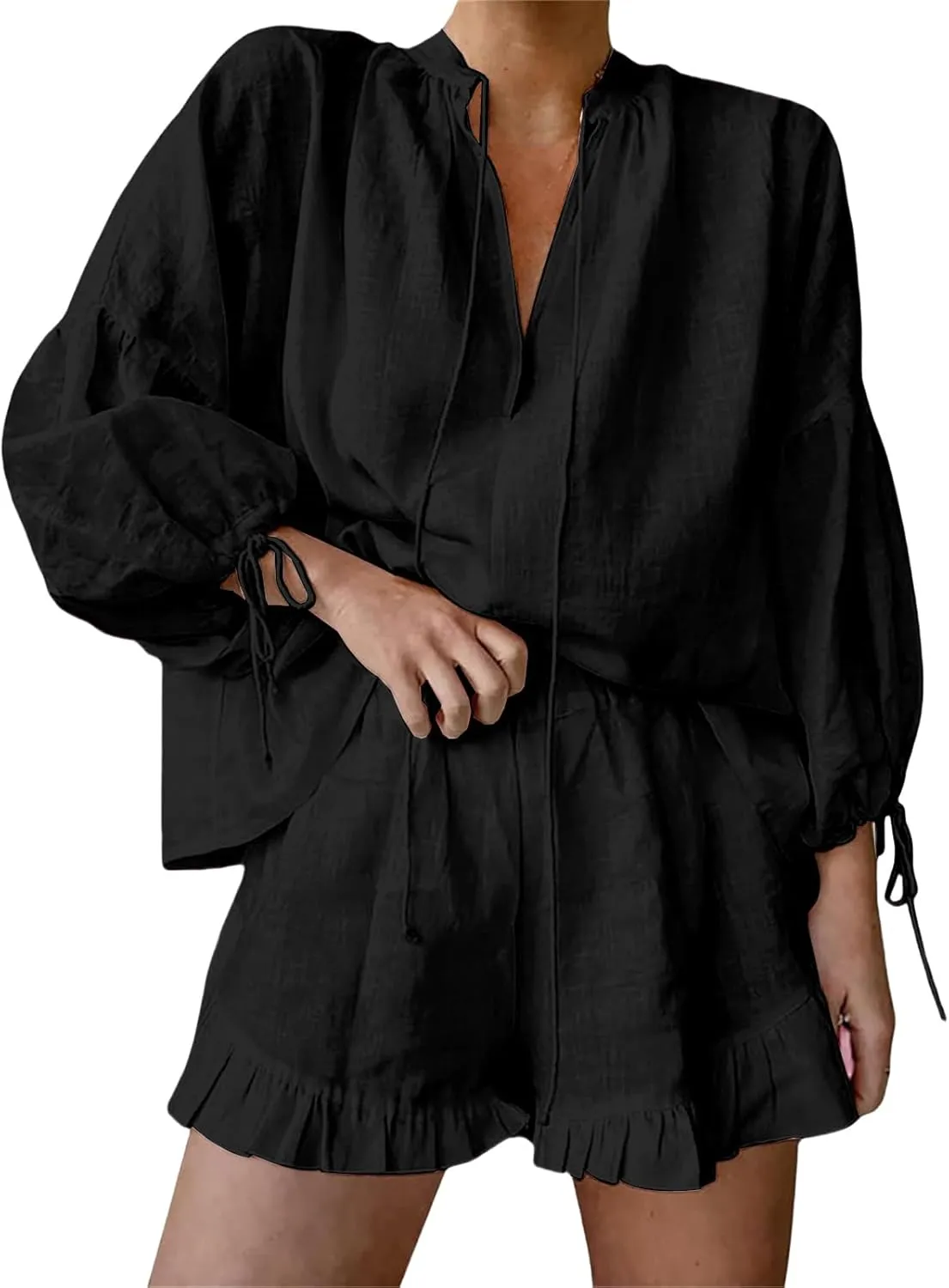 Linen Short Sets for Women Puff Long Sleeve V Neck Front Tie Shirt and Ruffle Boxer Shorts 2 Piece Lounge Sets