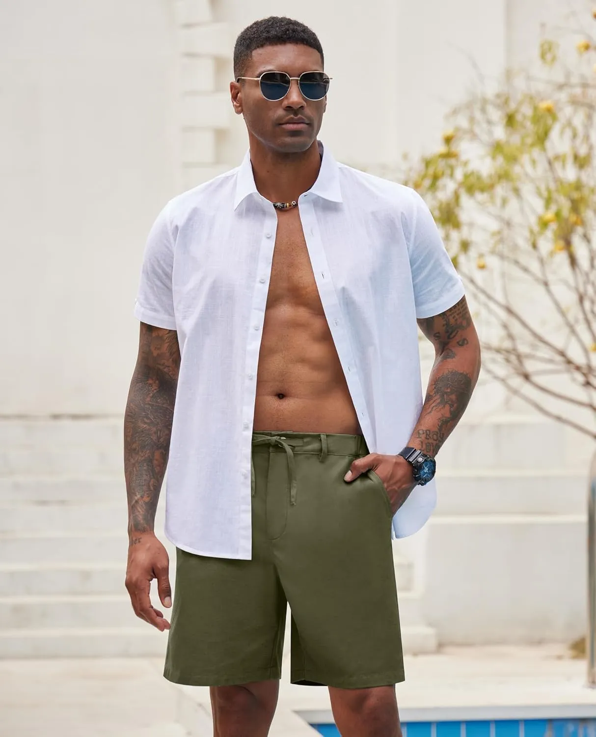 Linen Shorts for Men - Casual Beach Shorts with Pockets and Drawstring