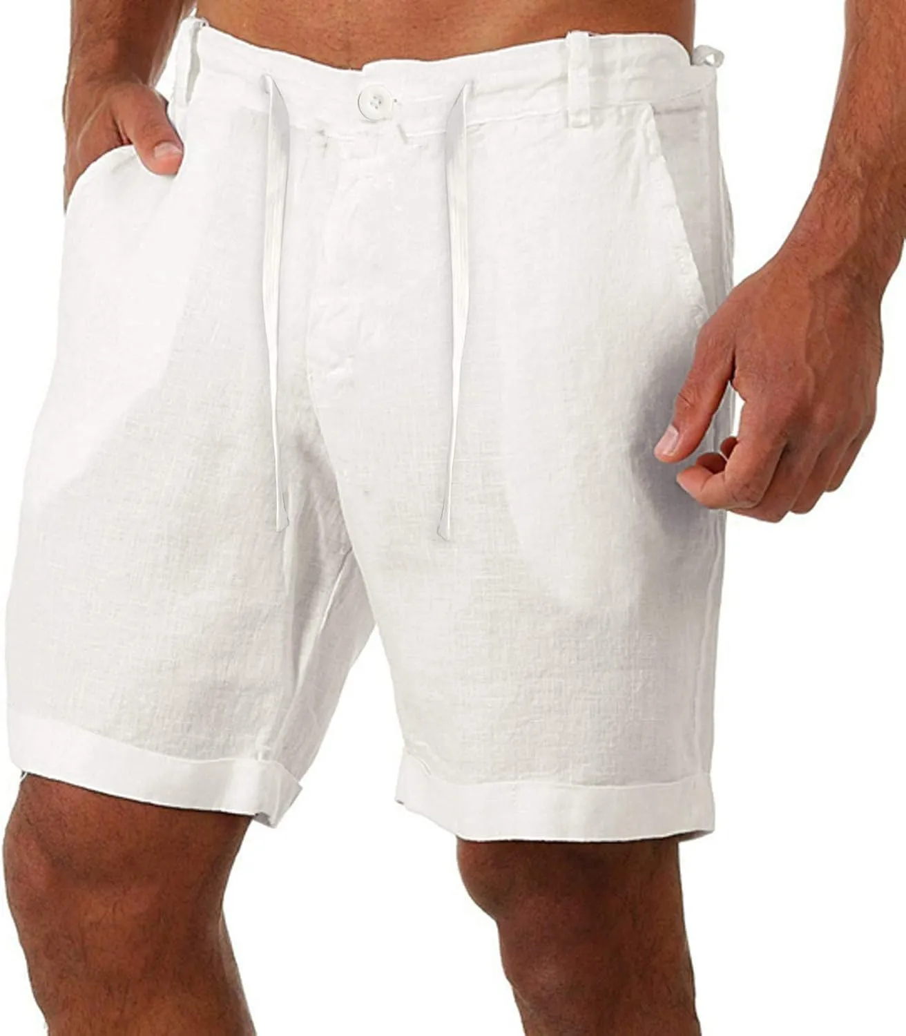 Linen Shorts for Men, Men's Casual Cotton Linen Shorts Elastic Waist Drawstring Summer Beach Golf Shorts with Pockets