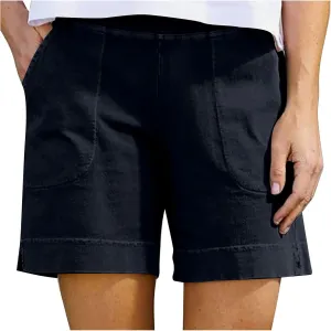 Linen Shorts for Women 2025 High Waisted Elastic Straight Casual Shorts Summer Outdoor Pants with Pockets
