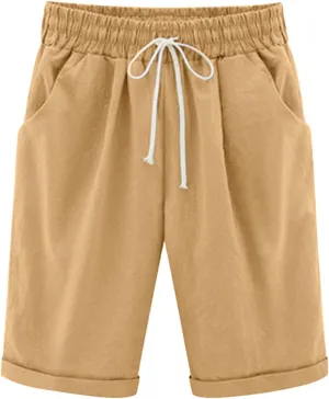 Linen Shorts for Women 2025 Summer Casual Elastic Waisted Rolled Hem Bermuda Shorts Solid Color Shorts with Pockets