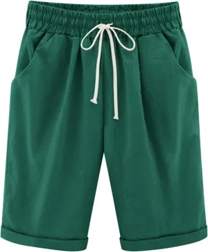 Linen Shorts for Women 2025 Summer Casual Elastic Waisted Rolled Hem Bermuda Shorts Solid Color Shorts with Pockets