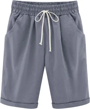 Linen Shorts for Women 2025 Summer Casual Elastic Waisted Rolled Hem Bermuda Shorts Solid Color Shorts with Pockets