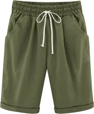 Linen Shorts for Women 2025 Summer Casual Elastic Waisted Rolled Hem Bermuda Shorts Solid Color Shorts with Pockets