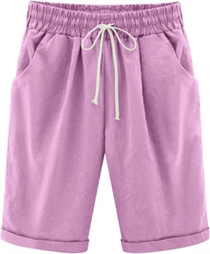 Linen Shorts for Women 2025 Summer Casual Elastic Waisted Rolled Hem Bermuda Shorts Solid Color Shorts with Pockets