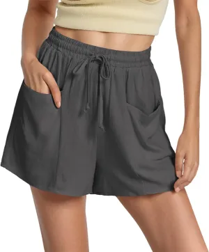 Linen Shorts for Women Casaul Drawstring High Waisted Pull On Shorts with Pockets Comfy Summer Beach Outfits