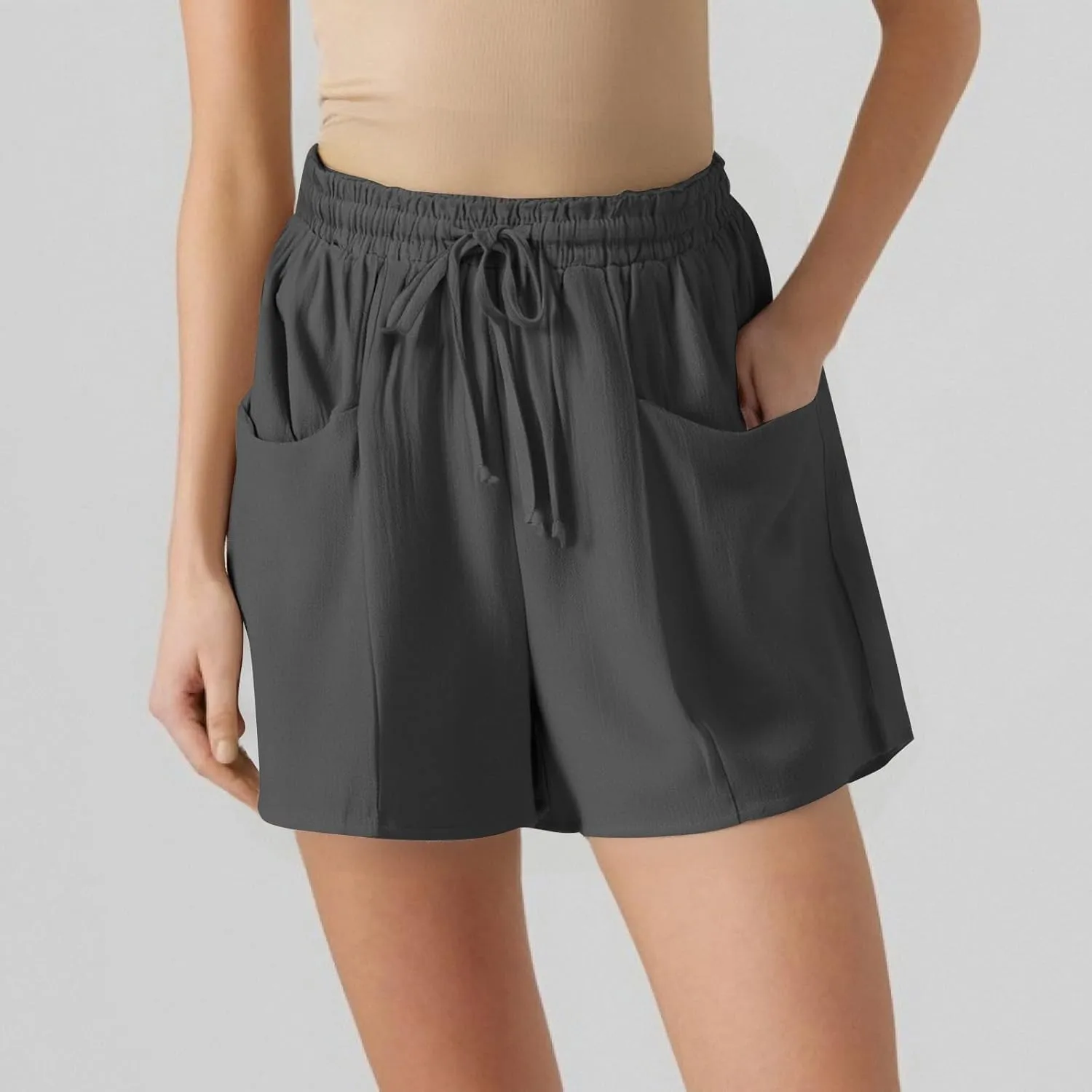 Linen Shorts for Women Casaul Drawstring High Waisted Pull On Shorts with Pockets Comfy Summer Beach Outfits
