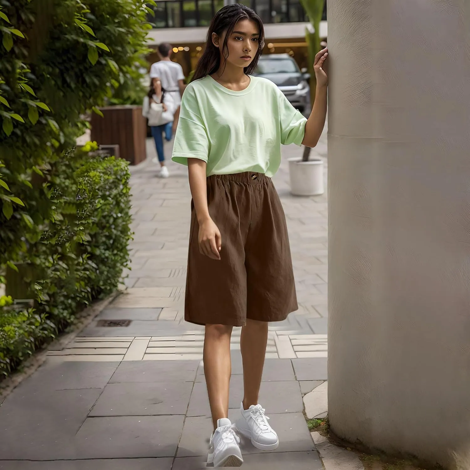 Linen Shorts for Women High Waisted Bermuda Knee Length Wide Leg Elastic Waist Summer Beach Short with Pockets