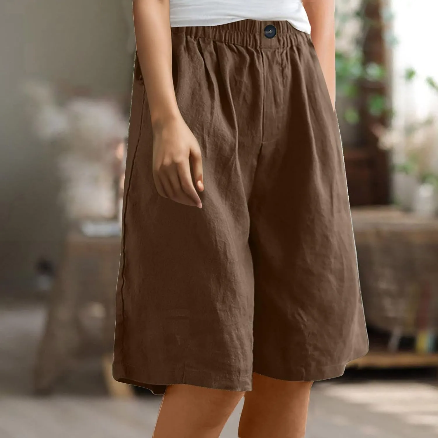 Linen Shorts for Women High Waisted Bermuda Knee Length Wide Leg Elastic Waist Summer Beach Short with Pockets